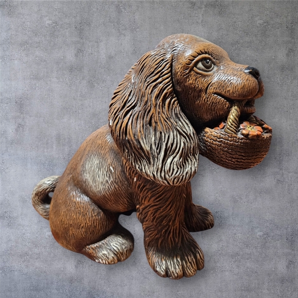 Vintage Brass Bronze Cocker Spaniel Dog Statue Figurine Sculpture W/ Basket 10